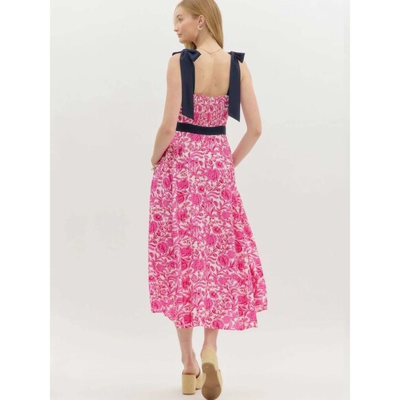 New Entro Midi Sun Dress Women's Medium Smock Pink Floral Tie Shoulder Feminine - Picture 2 of 9